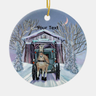 Amish Winter Covered Bridge  Ceramic Tree Decoration