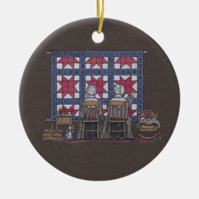 Amish Women Quilting Ceramic Tree Decoration (Front)