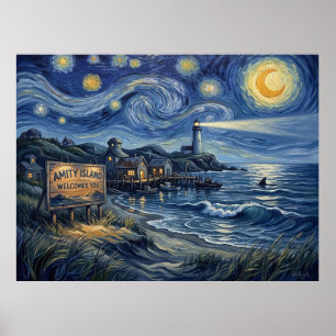 Amity Island Welcomes You Starry Night Art Poster