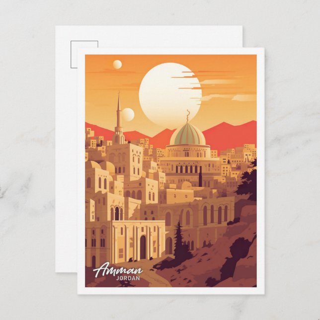 Amman Jordan Vintage Travel Illustration Postcard (Front/Back)