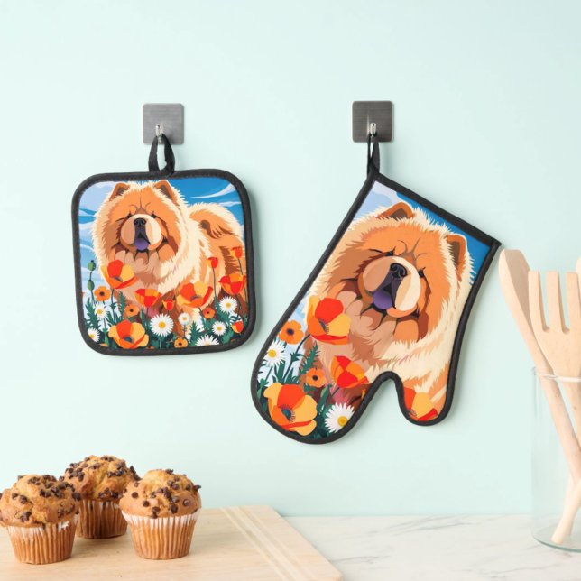 AMONG THE POPPIES Chow Oven Mitt & Pot Holder Set (Creator Uploaded)
