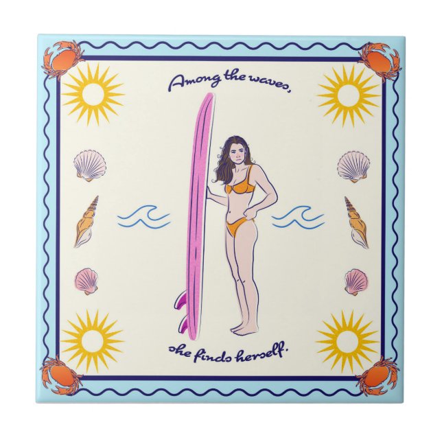 "Among the waves, she finds herself." Tile (Front)