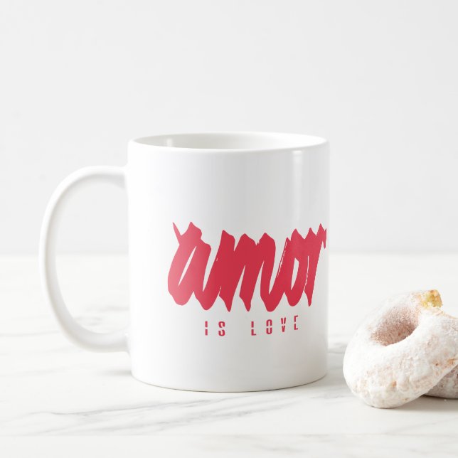 Amor is Love - Modern Red Graphic Calligraphy Coffee Mug (With Donut)