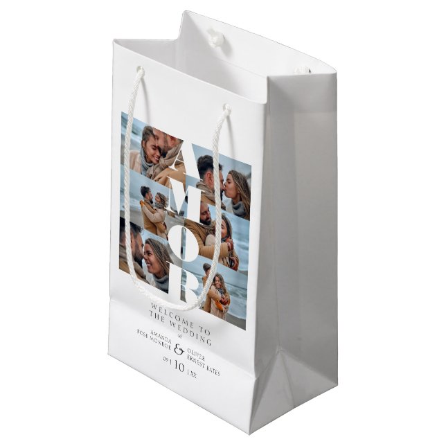 AMOR Quote White Collage Welcome Wedding 6 Photos Small Gift Bag (Front Angled)