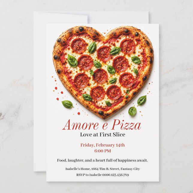 Amore e Pizza Party - Heart Shaped Pizza  Invitation (Front)