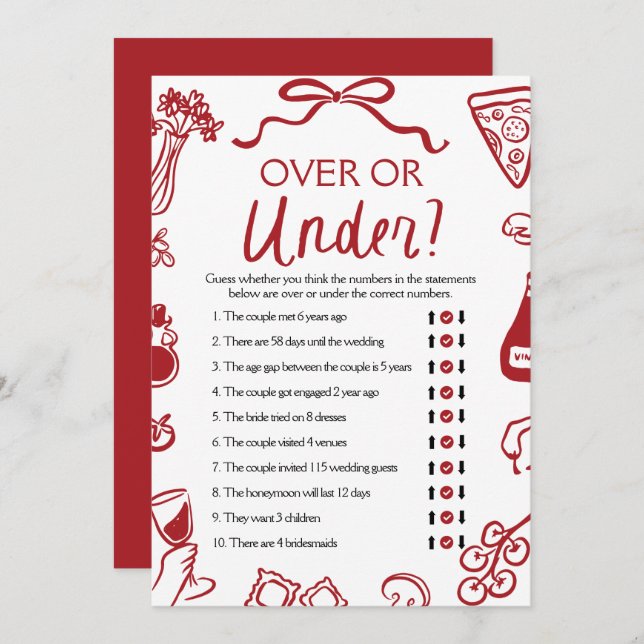 Amore Hand Drawn Over or Under Bridal Shower Game Invitation (Front/Back)