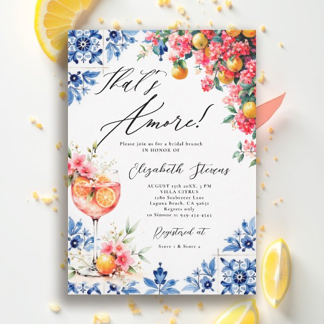 Amore Italian Lemon Floral Brunch Bridal Shower  Invitation (thats amore italian themed bridal shower invitation lemon blue watercolor floral bouganvillea brunch)