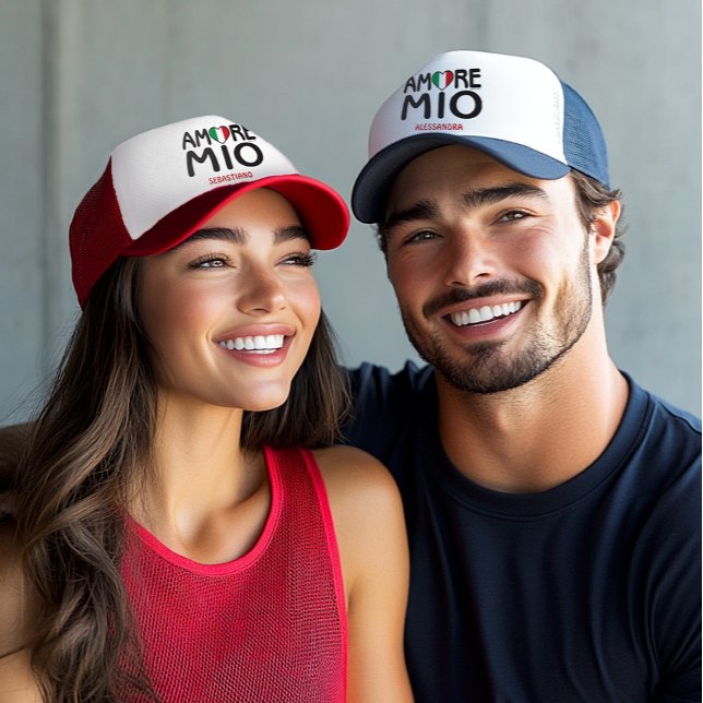 AMORE MIO Personalized Trucker Hat (Amore Mio Couples Personalized Trucker Hat with Italian Flag Heart as O in Amore)