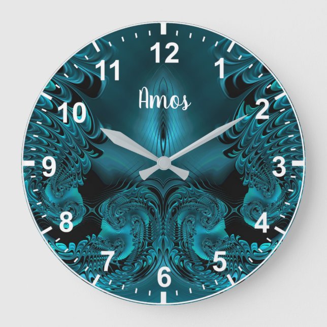 AMOS ~ WOW! Fractal Pattern Green and Black ~ Large Clock (Front)