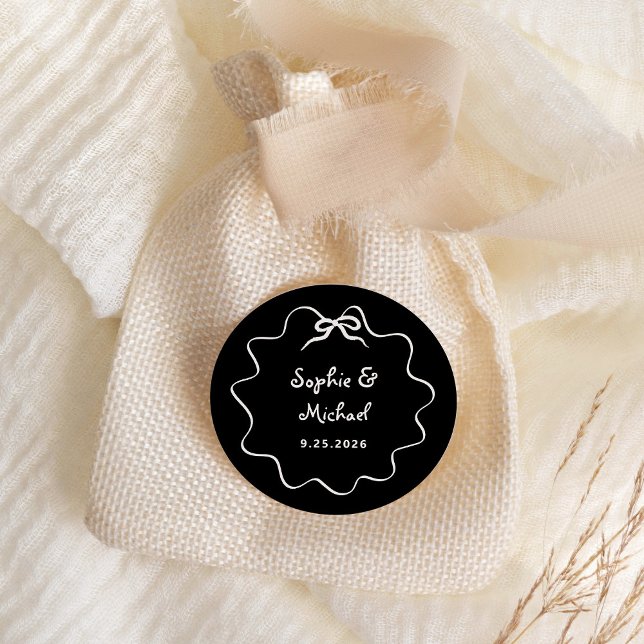 Amour | Black Illustrated French Bow Wedding Classic Round Sticker (Creator Uploaded)