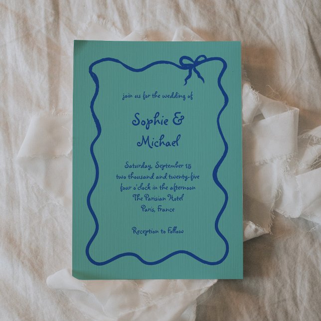 Amour | Blue and Teal French Bow Wedding Invitation (Creator Uploaded)