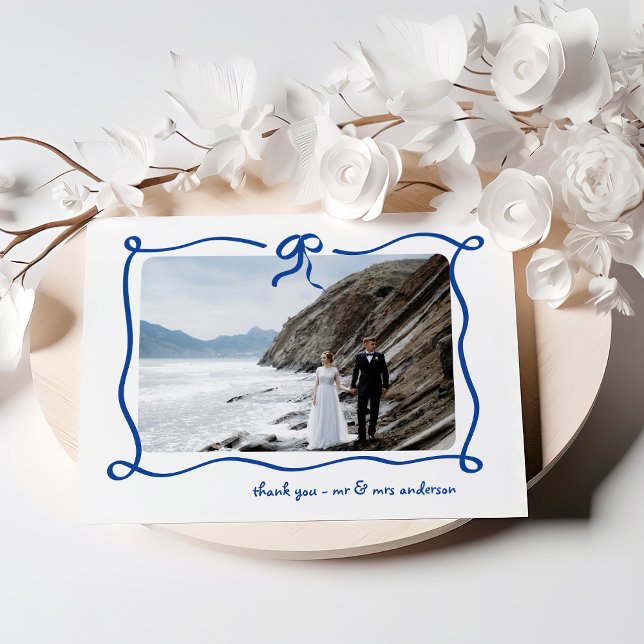 Amour | Blue French Bow and Photo Wedding Thank You Card (Creator Uploaded)