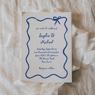Amour   Blue Illustrated French Bow Wedding Invitation