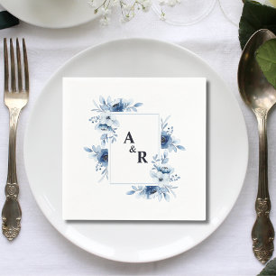 Ampersand Blue Floral Couple Initials Wedding Napkin