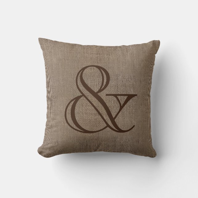 Ampersand Burlap-Look Rustic Wedding Keepsake Cushion (Front)