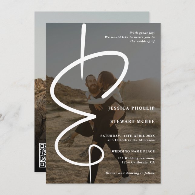 Ampersand chic photo calligraphy Qr code wedding Invitation (Front/Back)