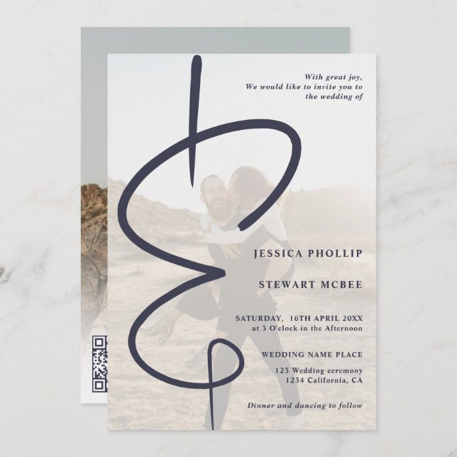 Ampersand chic photo navy blue Qr code wedding Invitation (Front/Back)