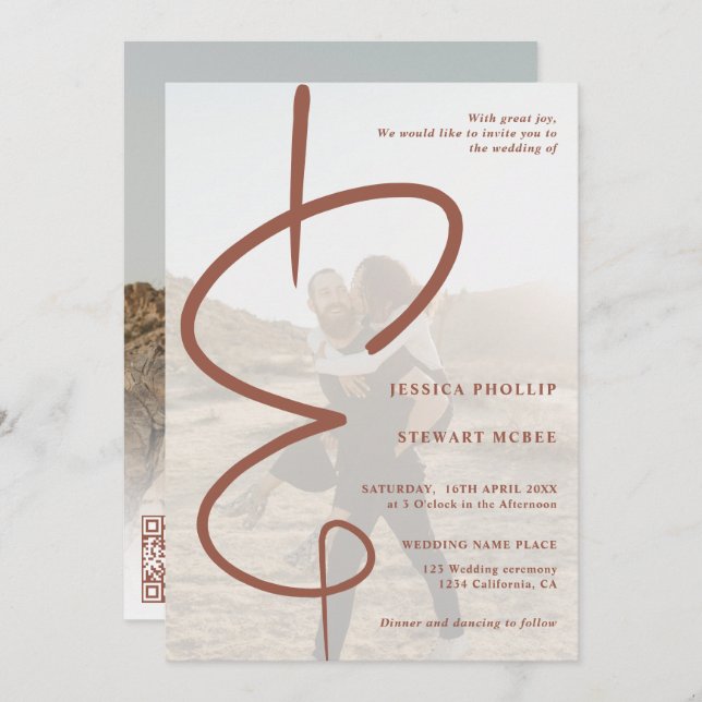 Ampersand chic photo terracotta Qr code wedding Invitation (Front/Back)