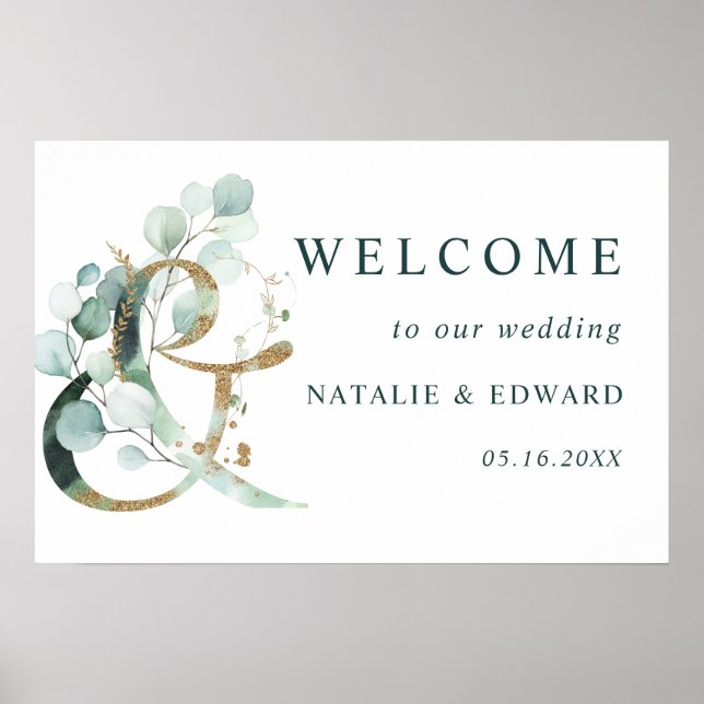 Ampersand Gold Greenery Wedding Welcome Sign (Front)