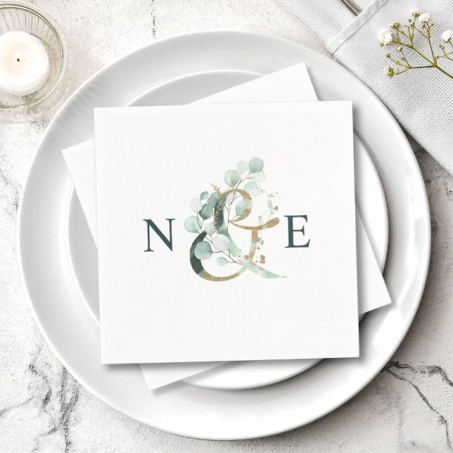 Ampersand Monogram Gold Green Wedding Napkin (Creator Uploaded)