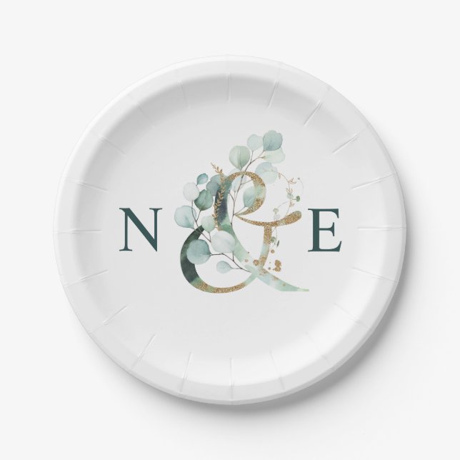 Ampersand Monogram Gold Green Wedding Paper Plate (Front)