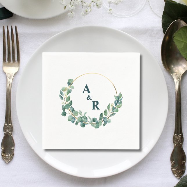 Ampersand Monogram Greenery Initials Wedding Paper Napkin (Ampersand monogram greenery initials wedding paper napkins add fresh elegant charm to receptions.)