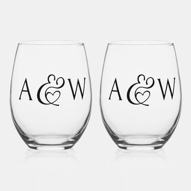 Ampersand Monogram Initials Modern Chic Wedding Stemless Wine Glass (Front)