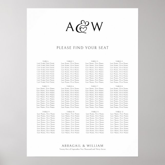Ampersand Monogram Initials Wedding Seating Chart (Front)