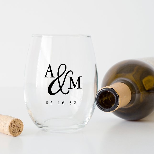Ampersand Monogram Wedding Favour Stemless Wine Glass (Creator Uploaded)