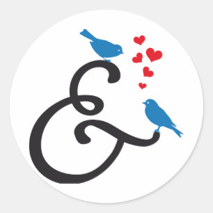 &, ampersand sign with blue birds and red hearts classic round sticker