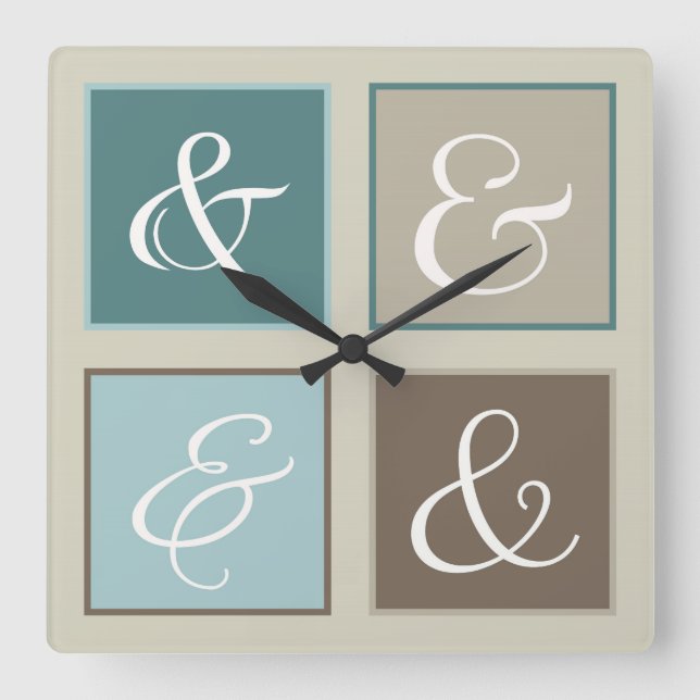 Ampersand Squares, Teal, Blue, Brown, Grey Square Wall Clock (Front)