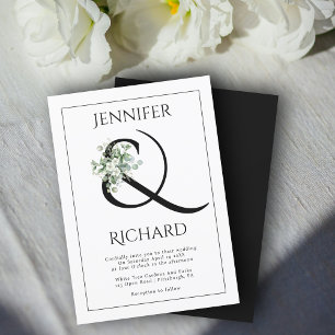 Ampersand, white flowers and eucalyptus wedding invitation