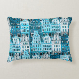 Amsterdam architecture, blue watercolor texture. decorative cushion
