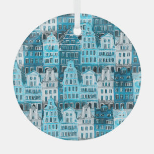 Amsterdam architecture, blue watercolor texture. glass tree decoration