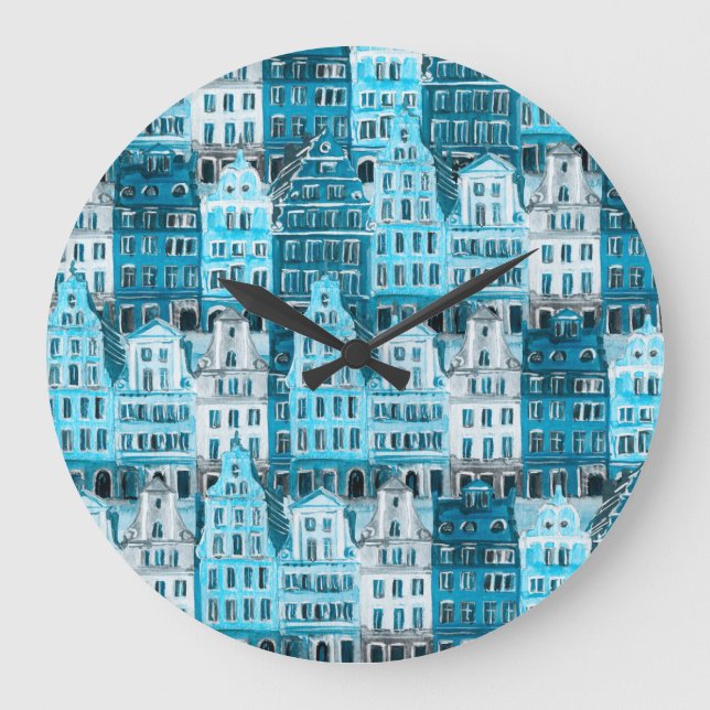 Amsterdam architecture, blue watercolor texture. large clock (Front)