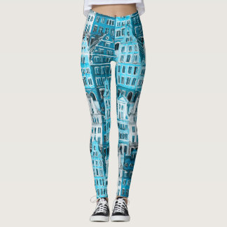 Amsterdam architecture, blue watercolor texture. leggings