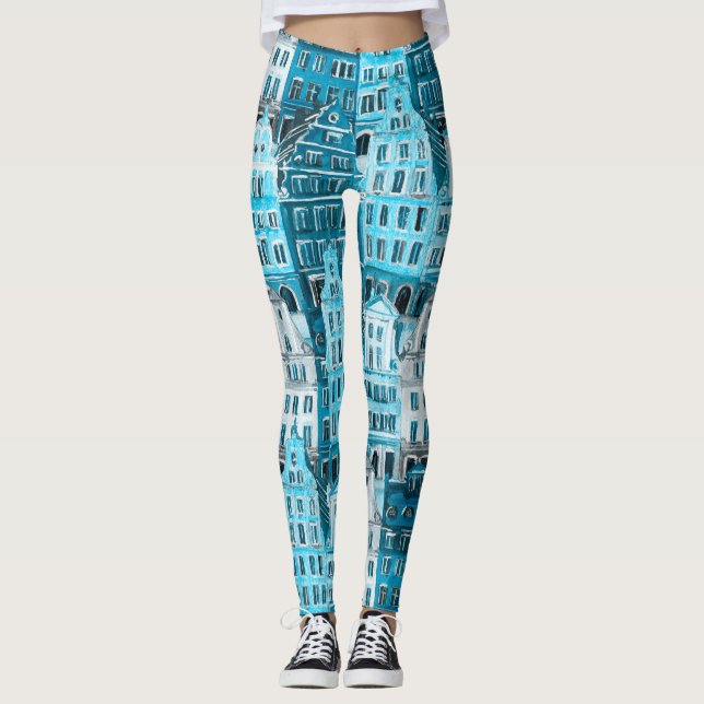 Amsterdam architecture, blue watercolor texture. leggings (Front)