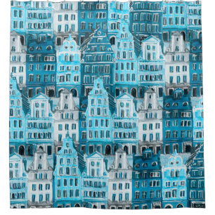 Amsterdam architecture, blue watercolor texture. shower curtain