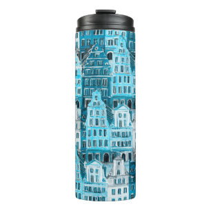 Amsterdam architecture, blue watercolor texture. thermal tumbler