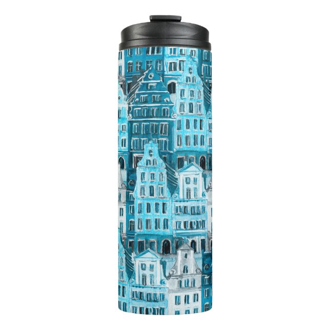 Amsterdam architecture, blue watercolor texture. thermal tumbler (Front)