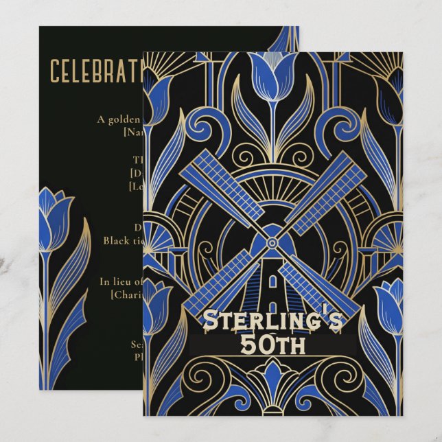 Amsterdam Art Deco | Windmills 50th Birthday Invitation (Front/Back)