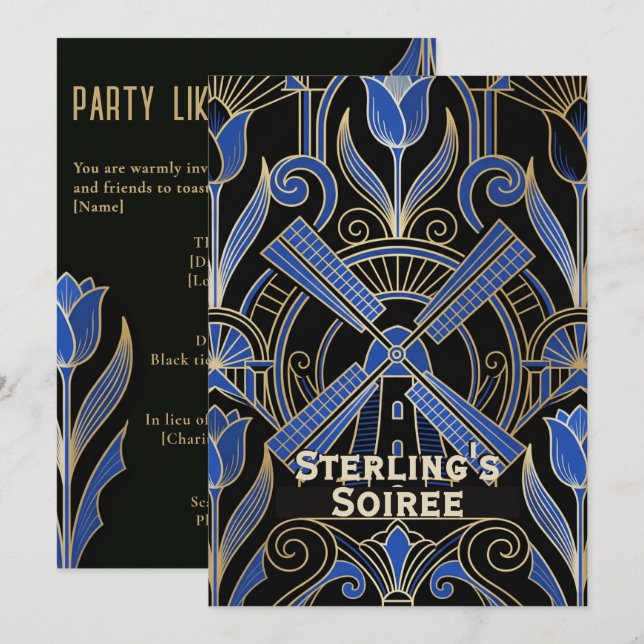 Amsterdam Art Deco | Windmills Custom Birthday Invitation (Front/Back)