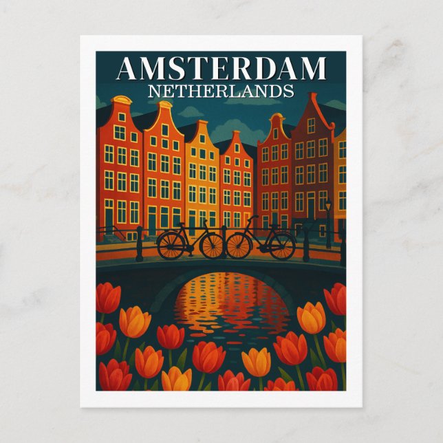 Amsterdam at Night Flowers & Bicycles Postcard (Front)
