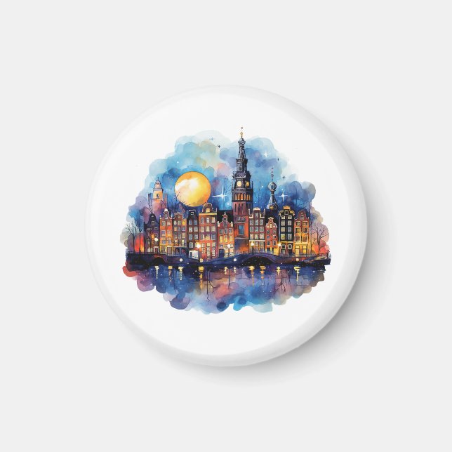 Amsterdam at night watercolor painting magnet (Front)