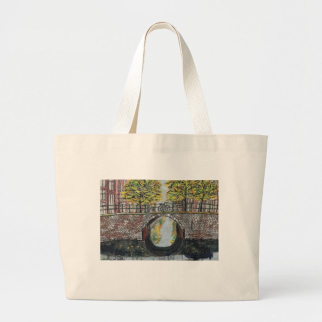 Amsterdam Bridge and Canal Scene in Autumn   Large Tote Bag (Front)