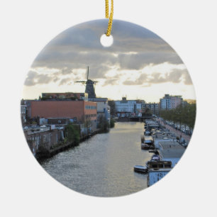 Amsterdam Canal and Windmill with setting Sun Ceramic Tree Decoration