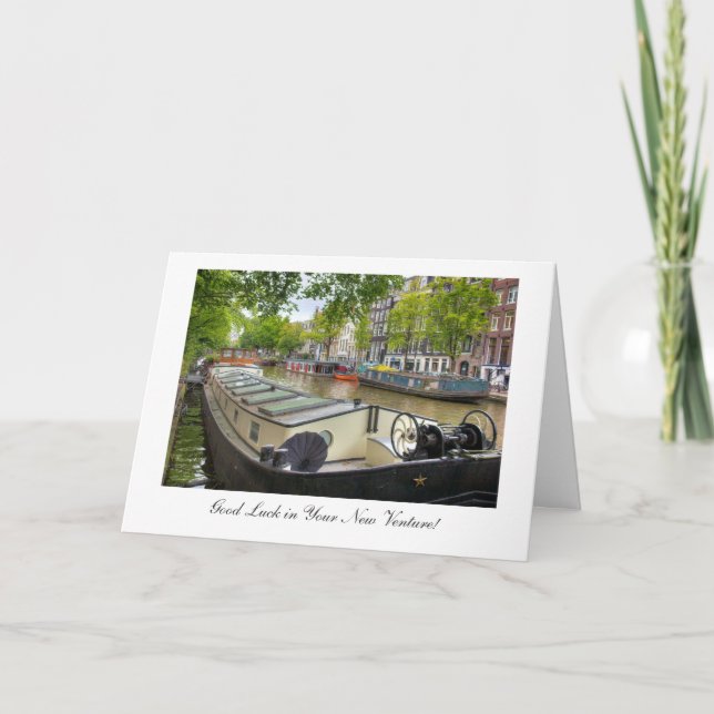 Amsterdam Canal Barge, Good Luck in New Venture Card (Front)