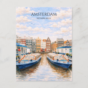 Amsterdam Canal Boats Watercolor Scenic Holiday Postcard