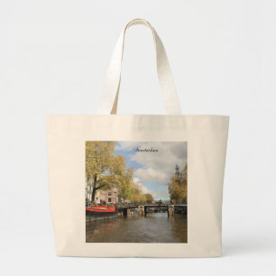 Amsterdam, Canal, Bridge, Houseboat, Church Spire Large Tote Bag