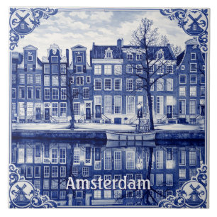 Amsterdam canal Delft Blue style Ceramic Tile